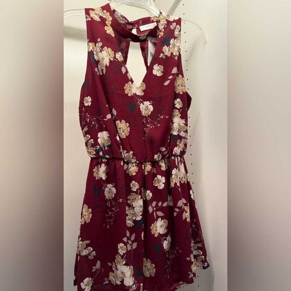 LUSH Floral Burgundy Romper Dress